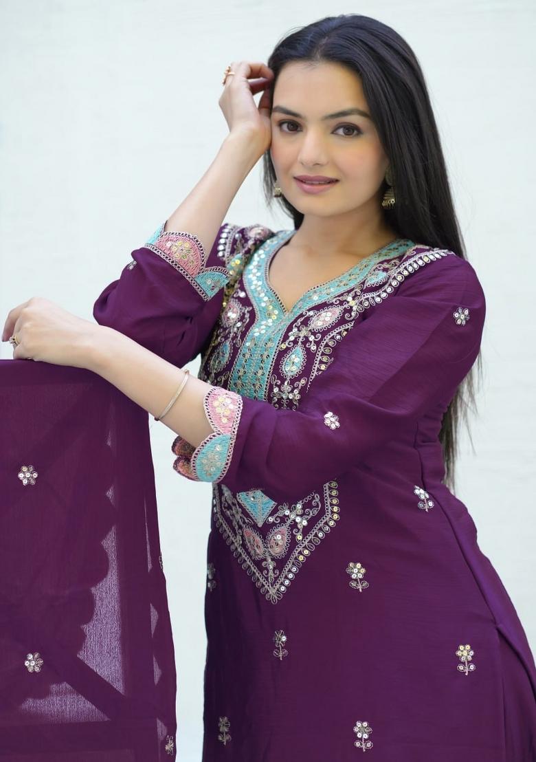 Purple Chinon Embroidered Kurta Set