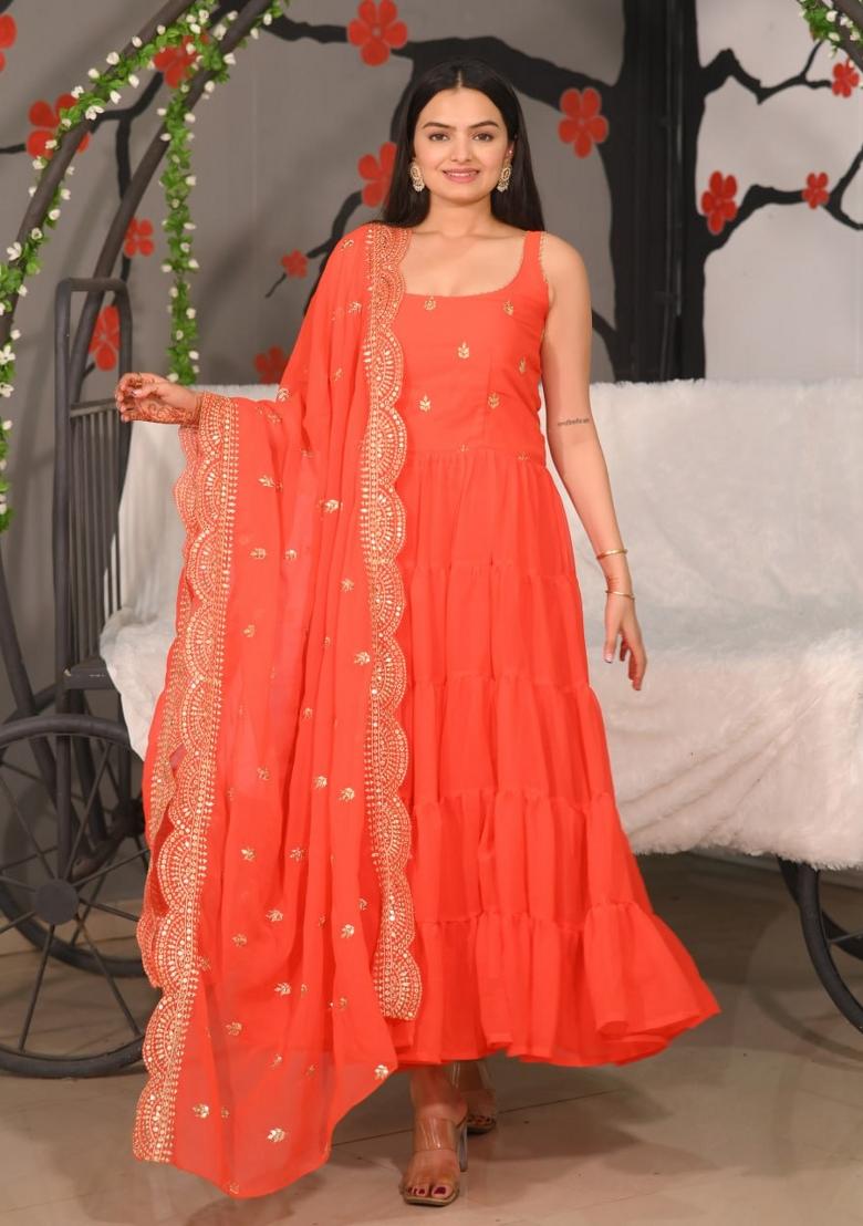Orange Georgette Embroidered Kurta Set
