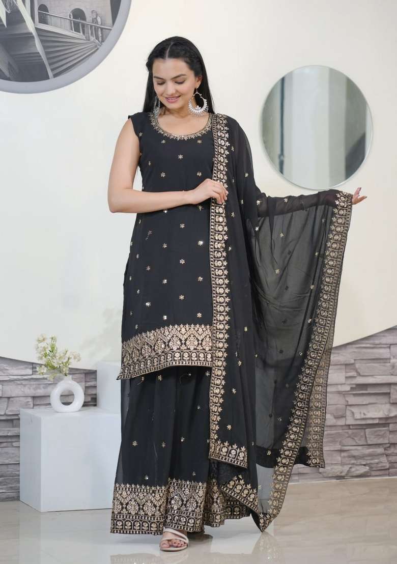Black Embroidered Georgette Sharara Set - Indya