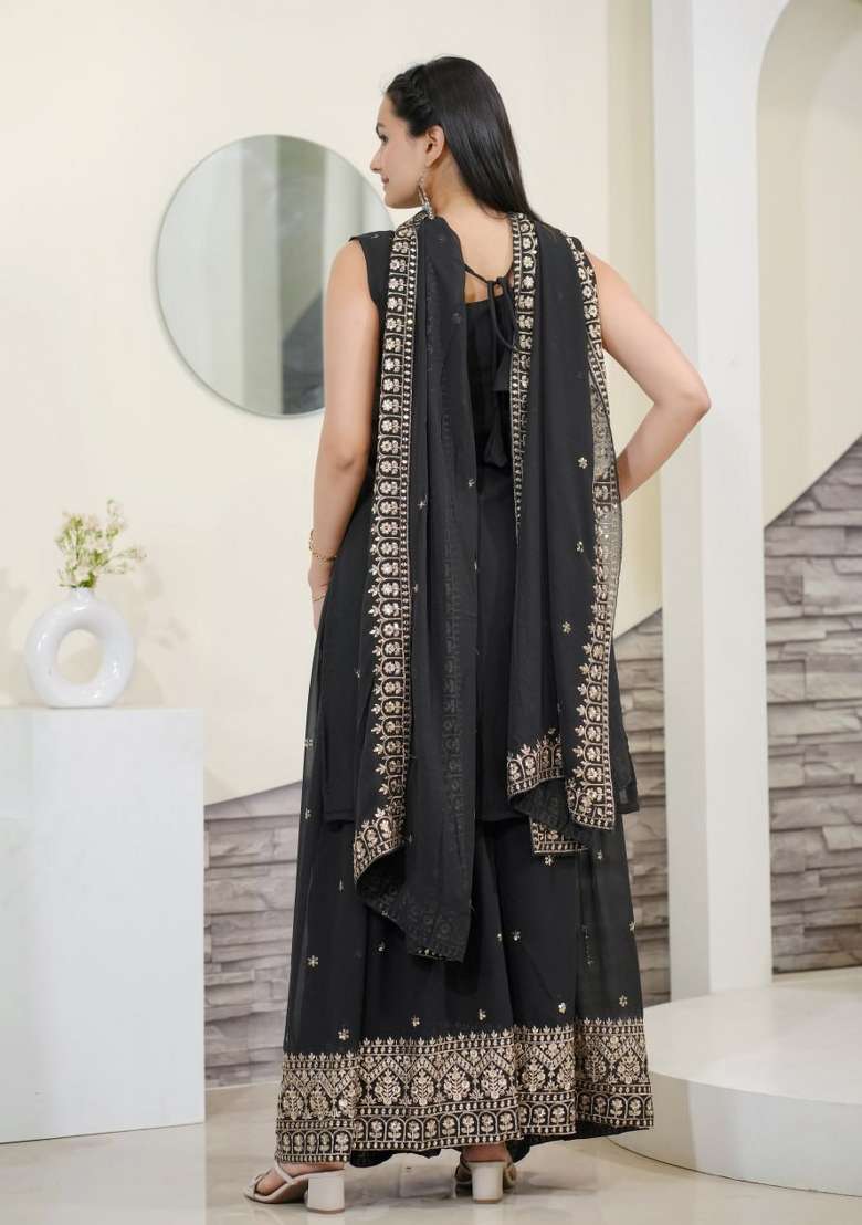 Black Embroidered Georgette Sharara Set - Indya