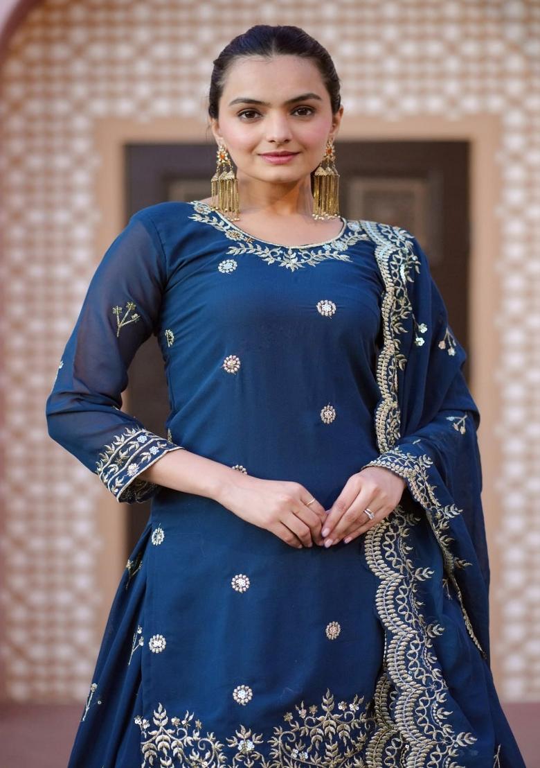 Blue Georgette Embroidered Kurta Set