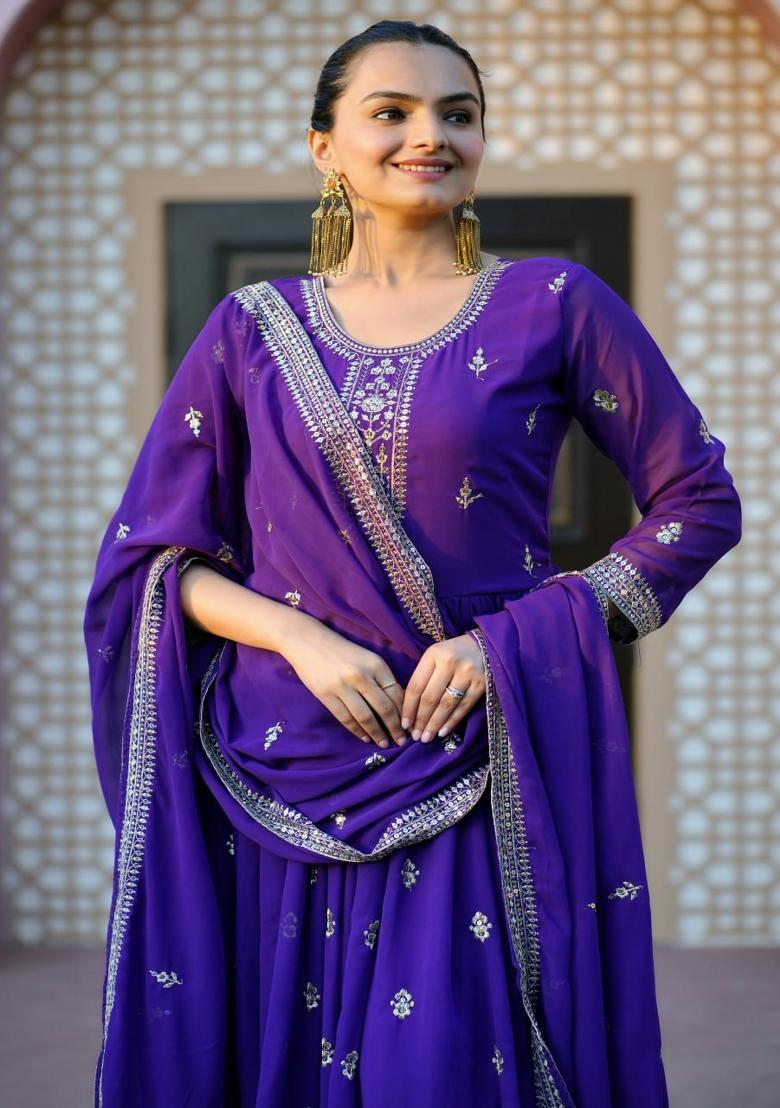 Purple Georgette Embroidered Kurta Set