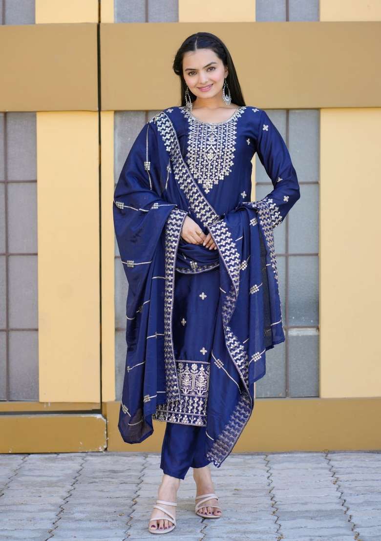 Blue Embroidered Chinon Straight Kurta Set - Indya