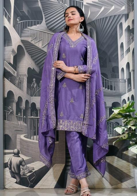 Purple Chinon Embroidered Kurta Set