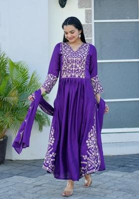Purple Chinon Embroidered Kurta Set