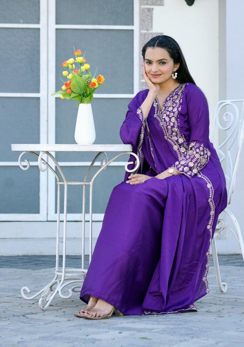 Purple Chinon Embroidered Kurta Set