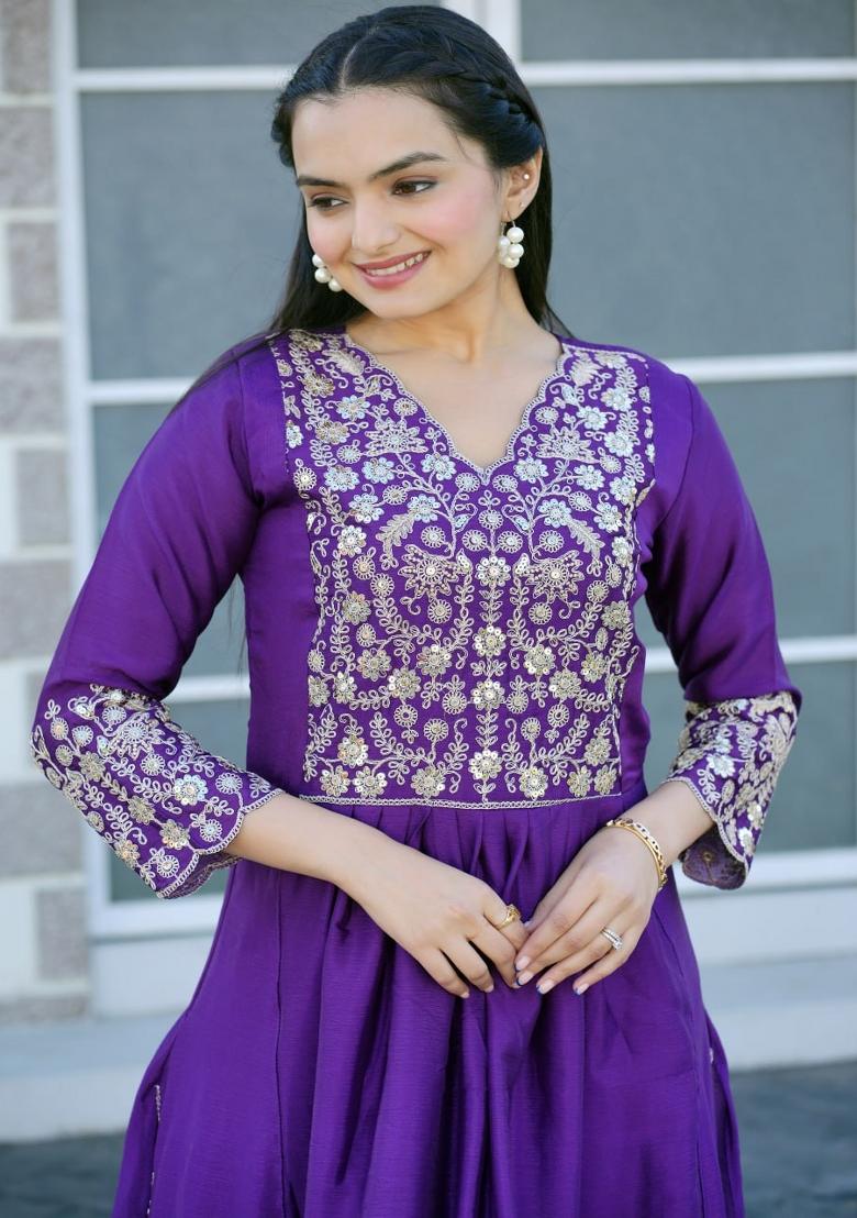 Purple Chinon Embroidered Kurta Set