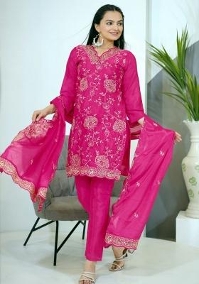 Pink Chinon Embroidered Kurta Set