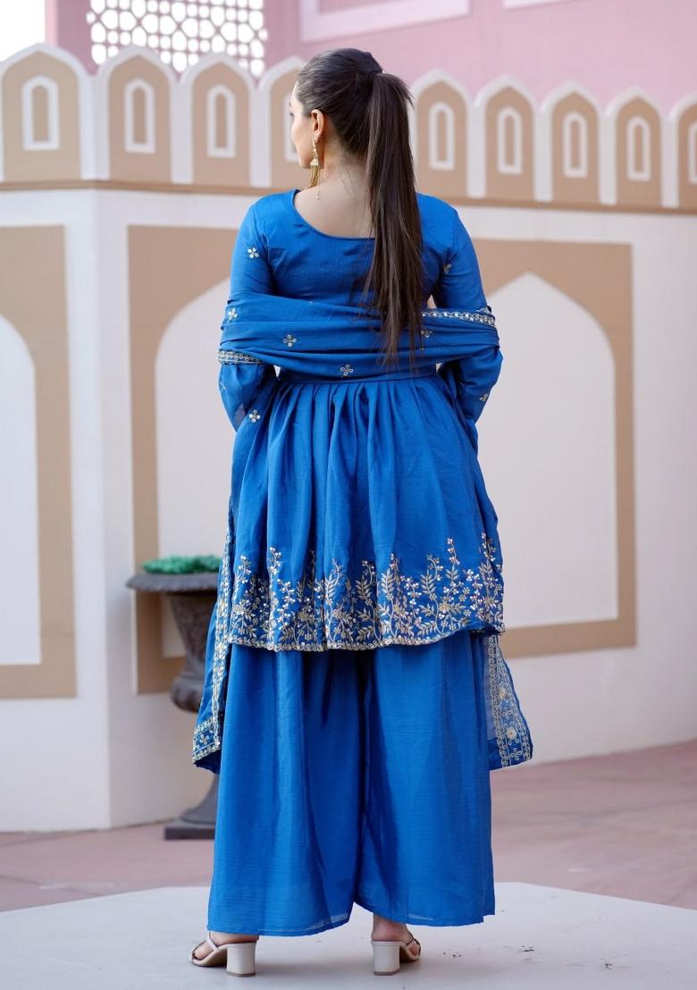 Blue Chinon Embroidered Kurta Set