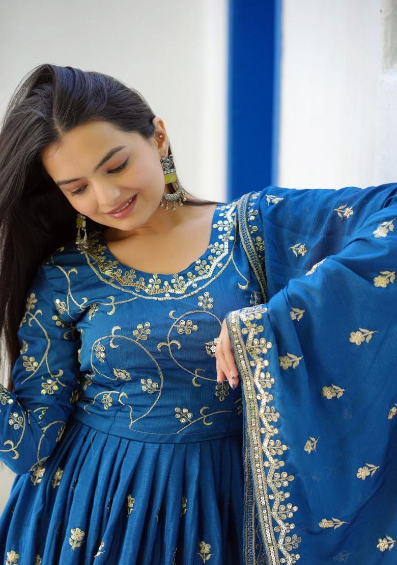 Blue Chinon Embroidered Kurta Set