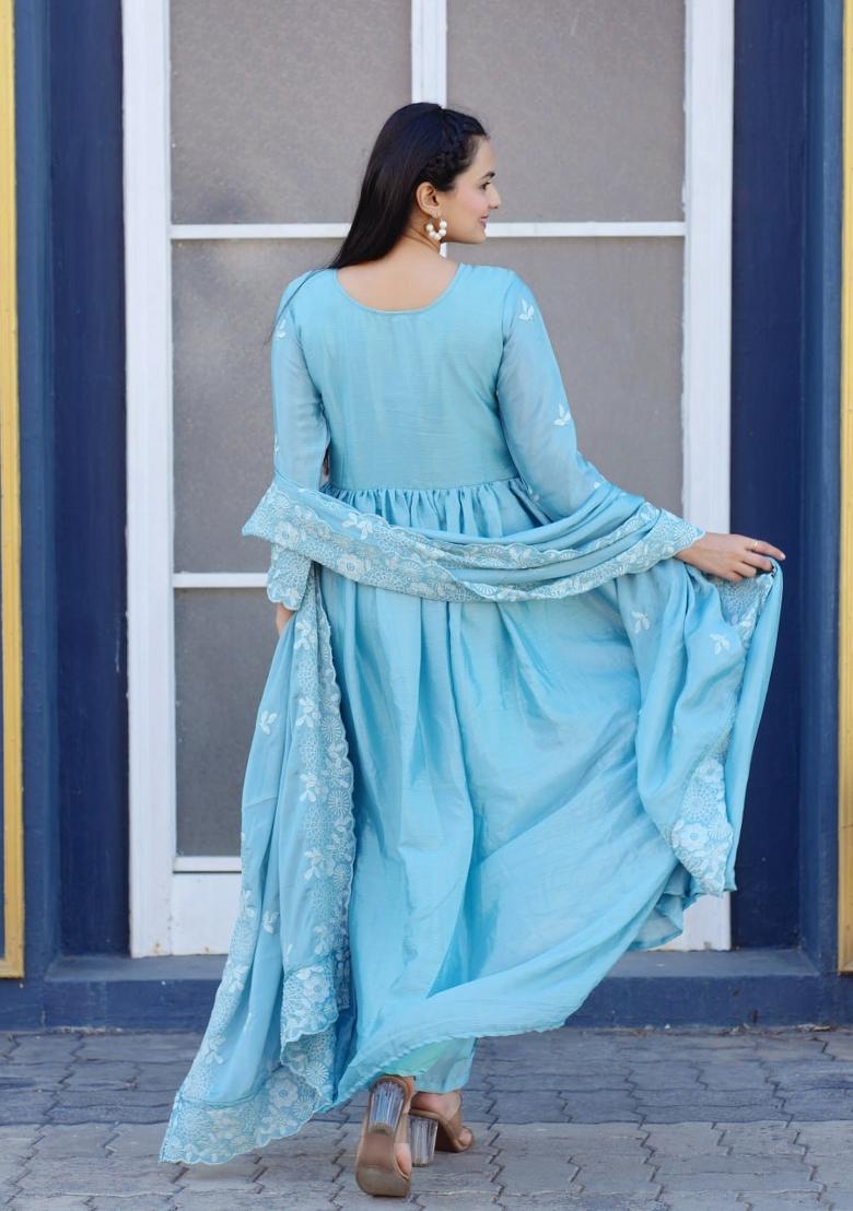 Blue Chinon Embroidered Kurta Set