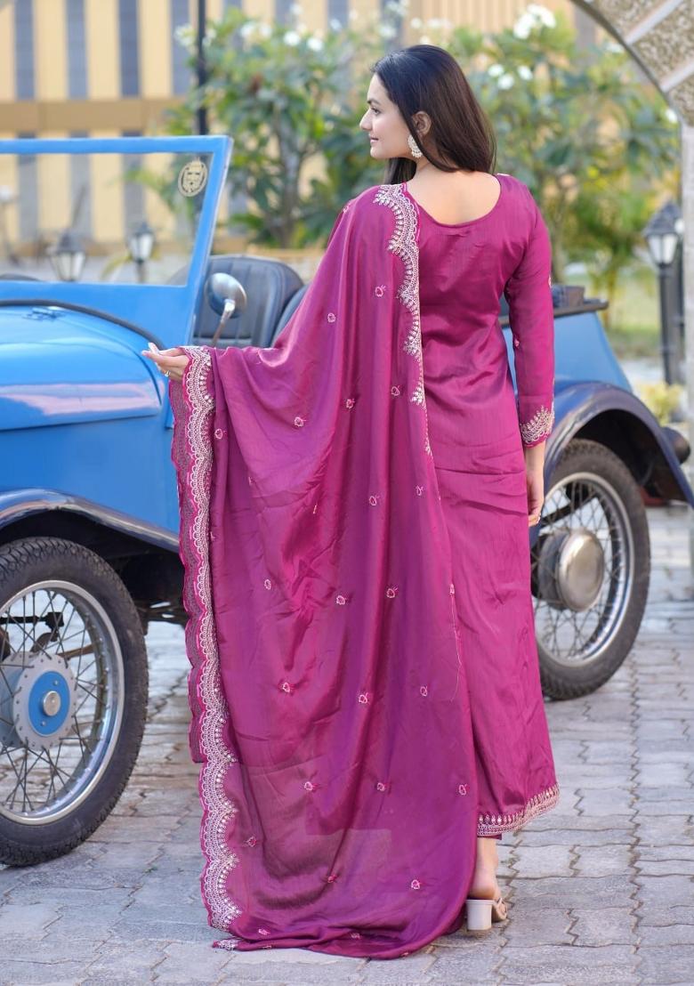 Wine Chinon Embroidered Kurta Set