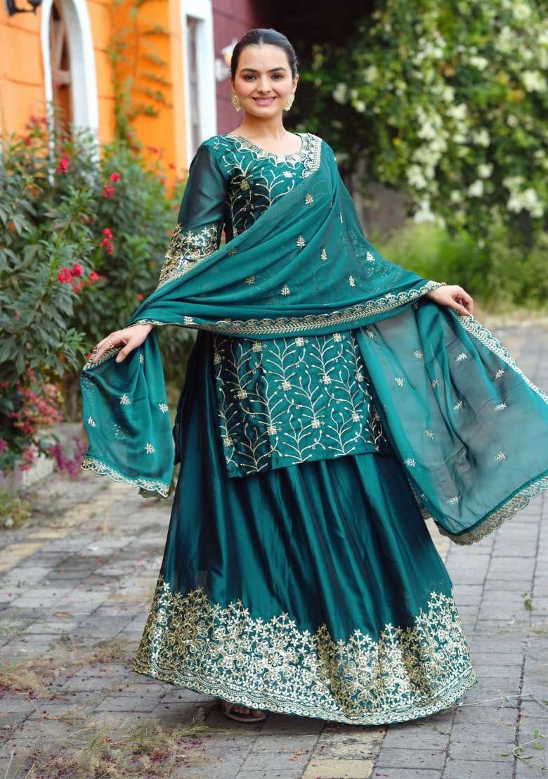 Green Embroidered Blended Sharara Set - Indya