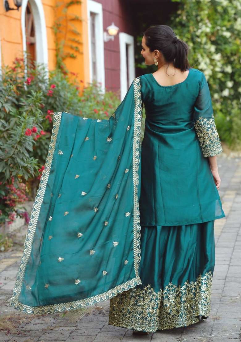 Green Embroidered Blended Sharara Set - Indya