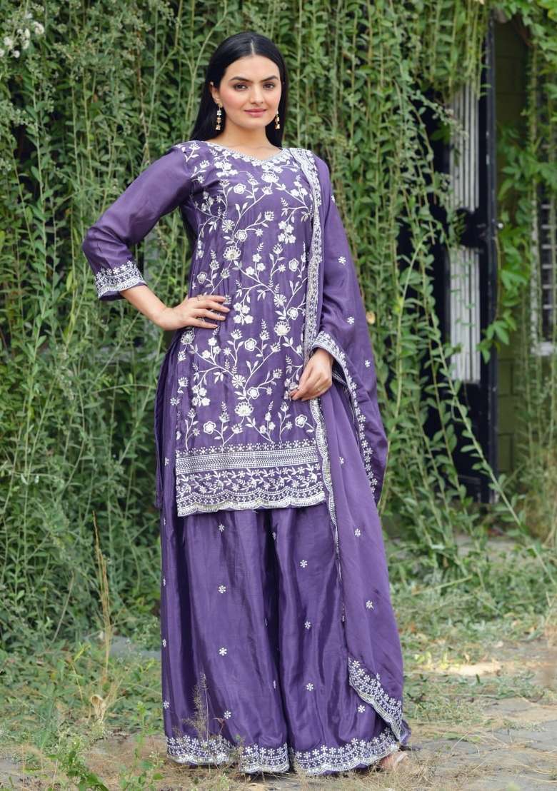 Purple Embroidered Chinon Sharara Set - Indya