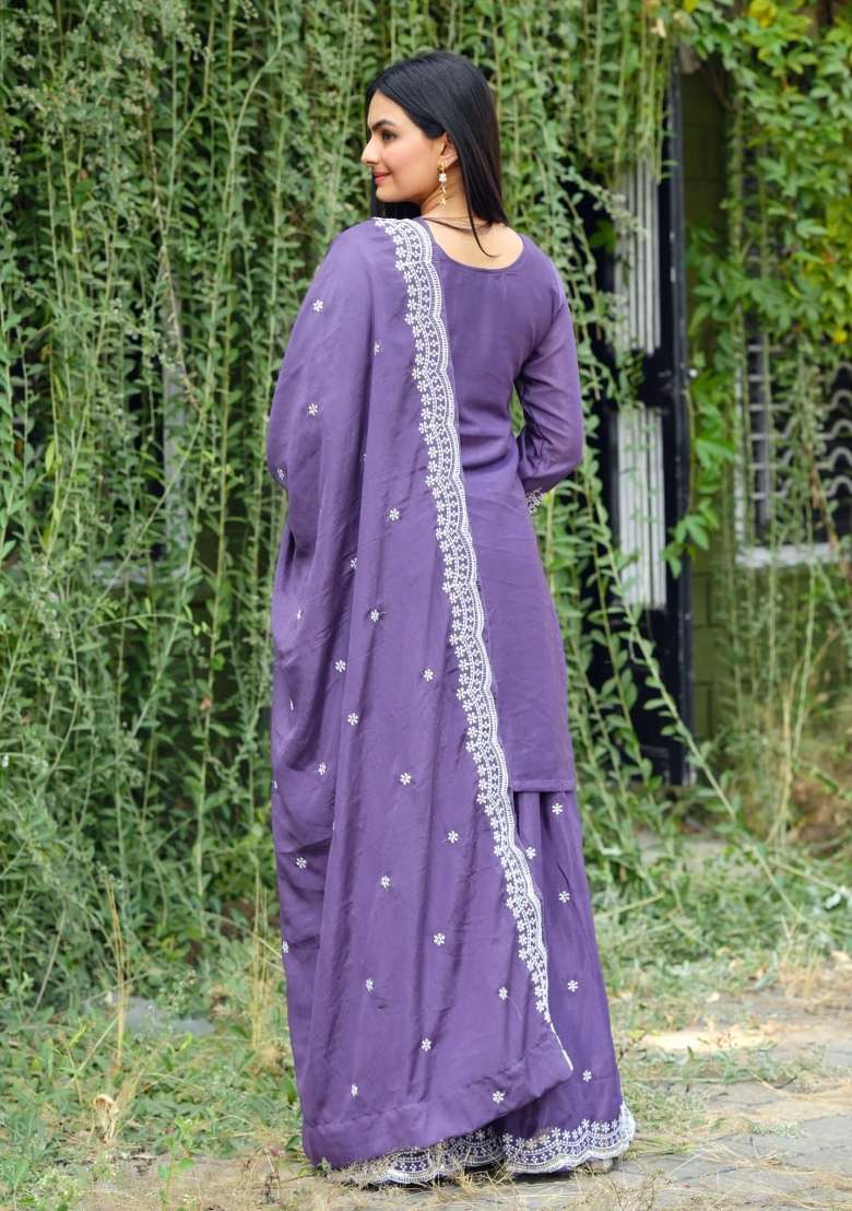 Purple Embroidered Chinon Sharara Set - Indya