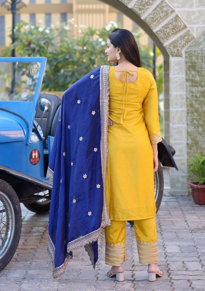 Yellow Embroidered Chinon Straight Kurta Set - Indya