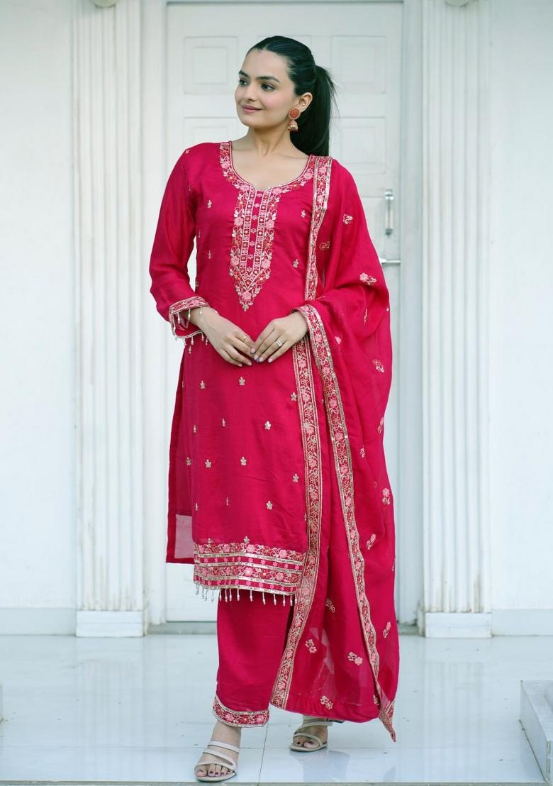 Pink Vichitra Silk Embroidered Kurta Set