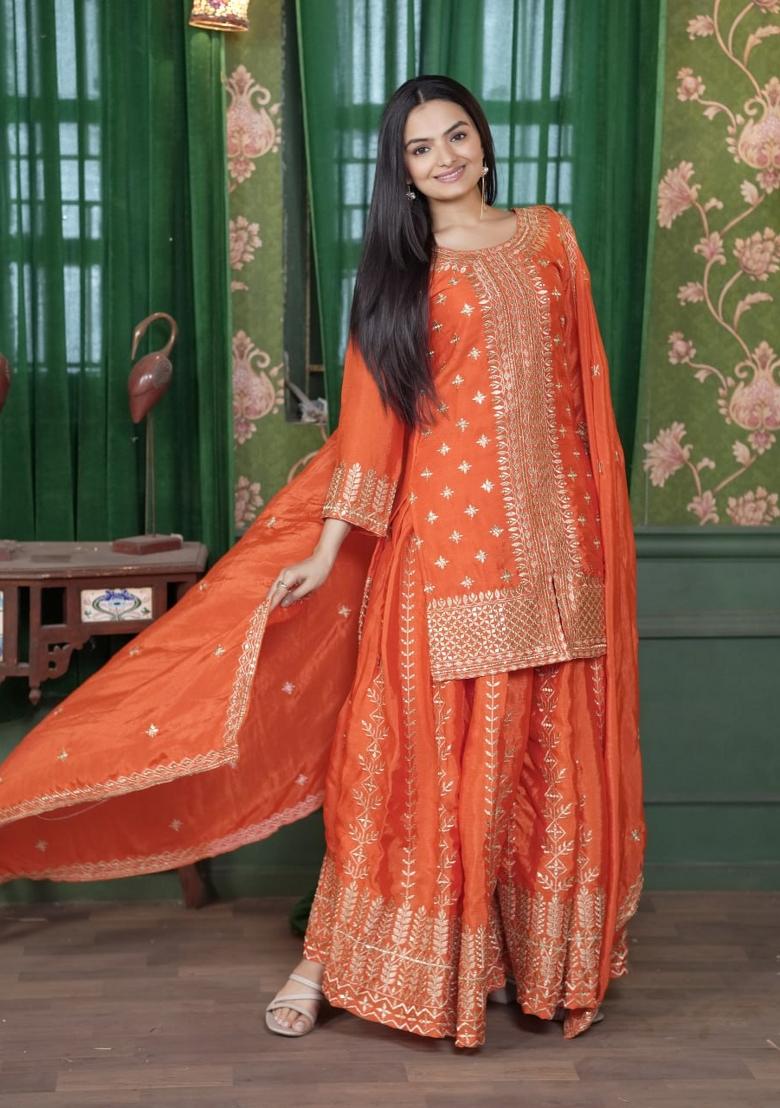 Orange Chinon Embroidered Kurta Set