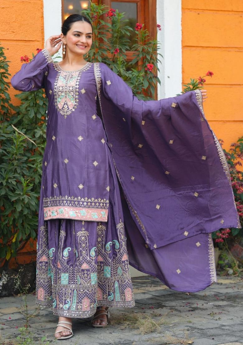 Purple Chinon Embroidered Kurta Set