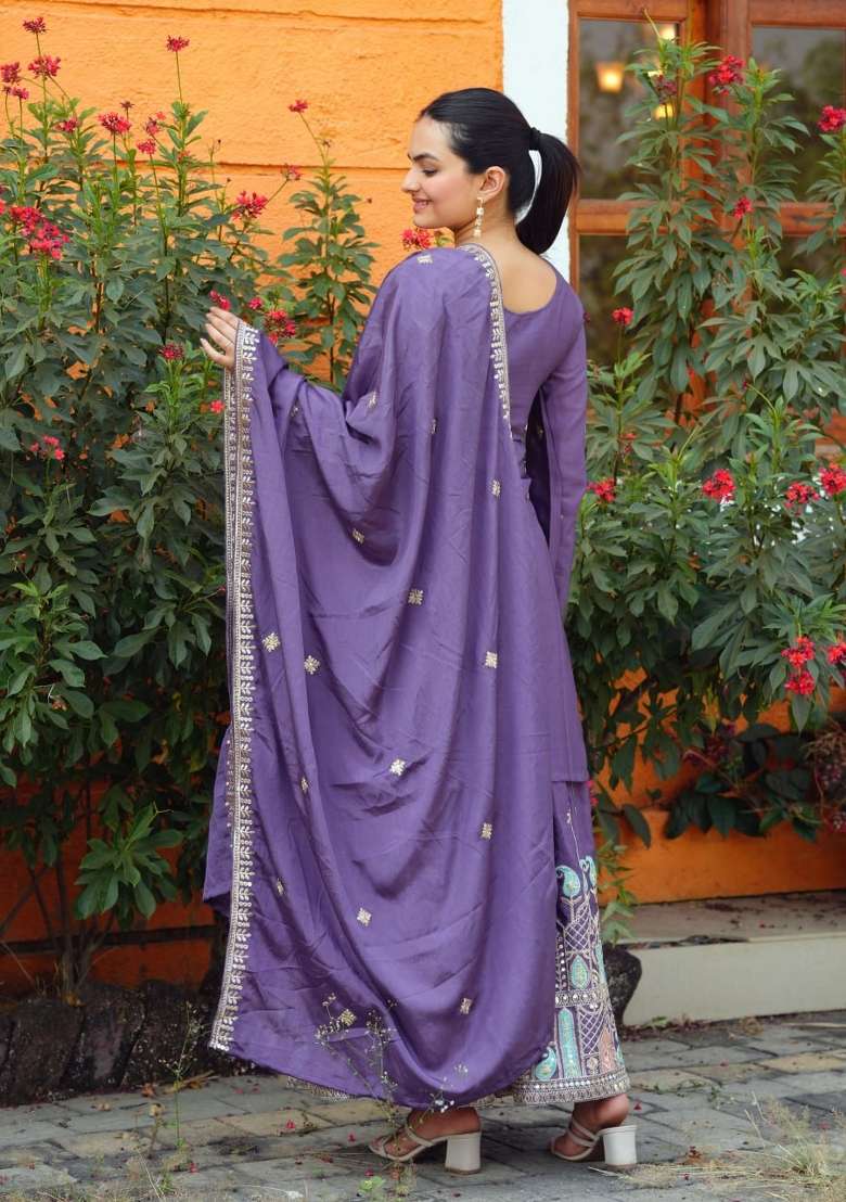 Purple Embroidered Chinon Sharara Set - Indya