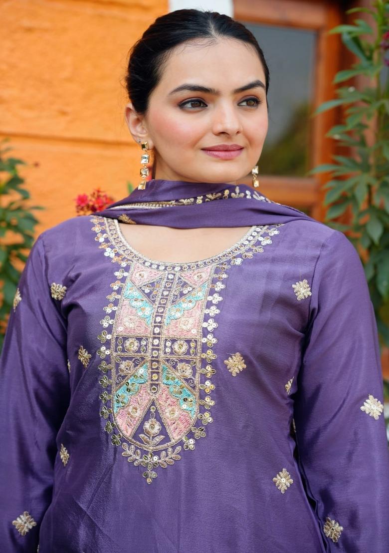 Purple Chinon Embroidered Kurta Set