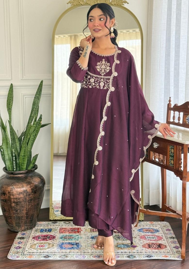 Wine Vichitra Silk Embroidered Kurta Set