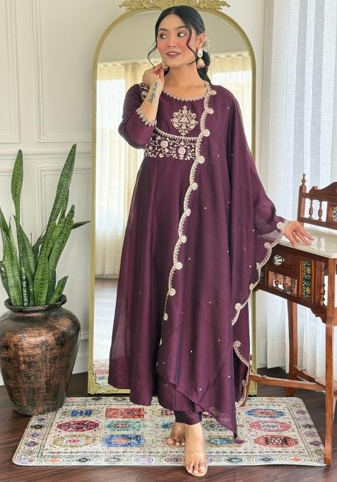 Wine Vichitra Silk Embroidered Kurta Set