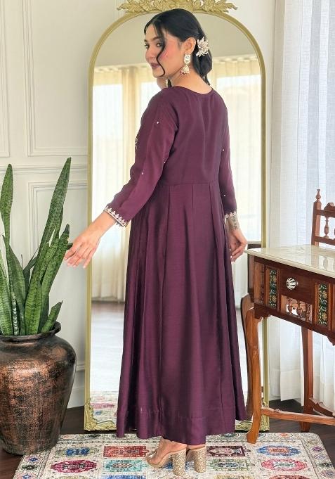 Wine Vichitra Silk Embroidered Kurta Set