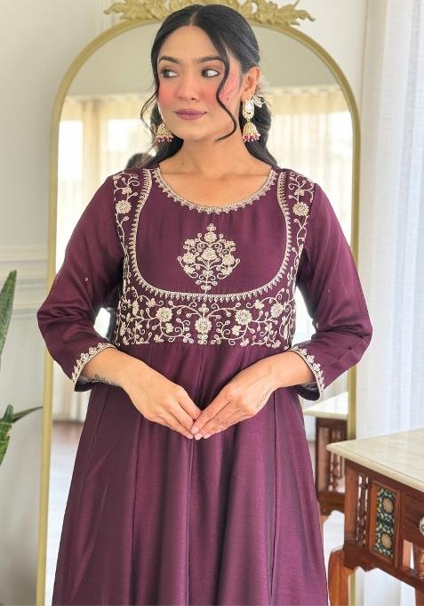 Wine Vichitra Silk Embroidered Kurta Set