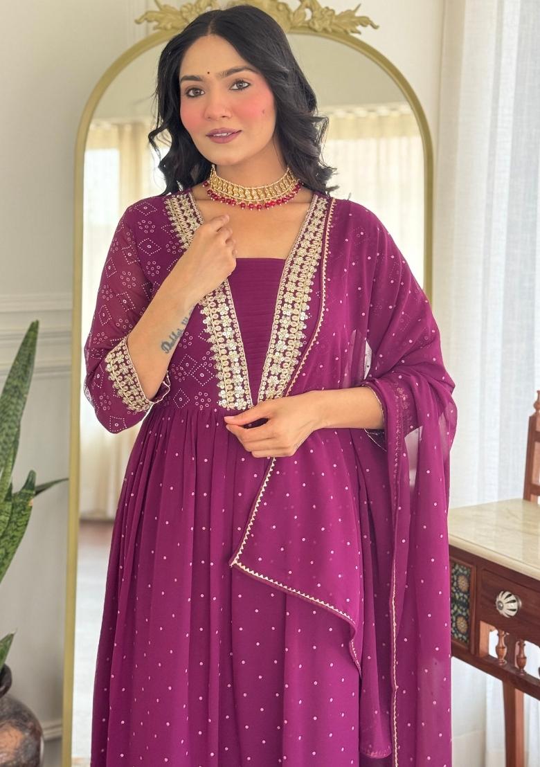 Wine Georgette Embroidered Kurta Set