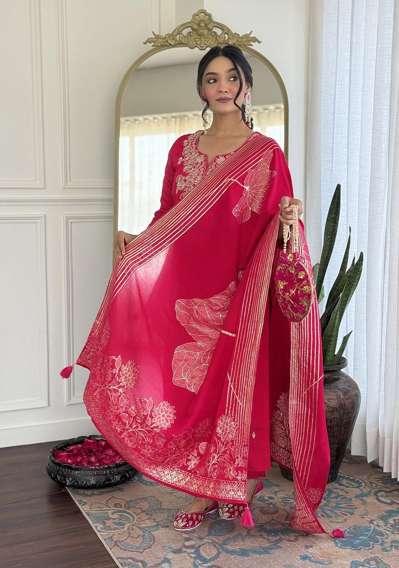 Pink Silk Embroidered Kurta Set