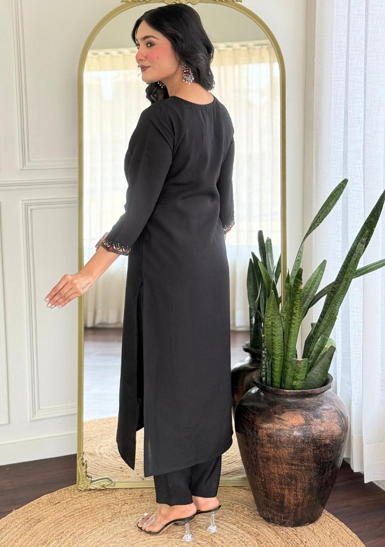 Black Silk Embroidered Kurta Set
