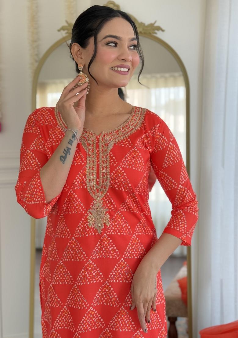Red Crepe Embroidered Kurta Set