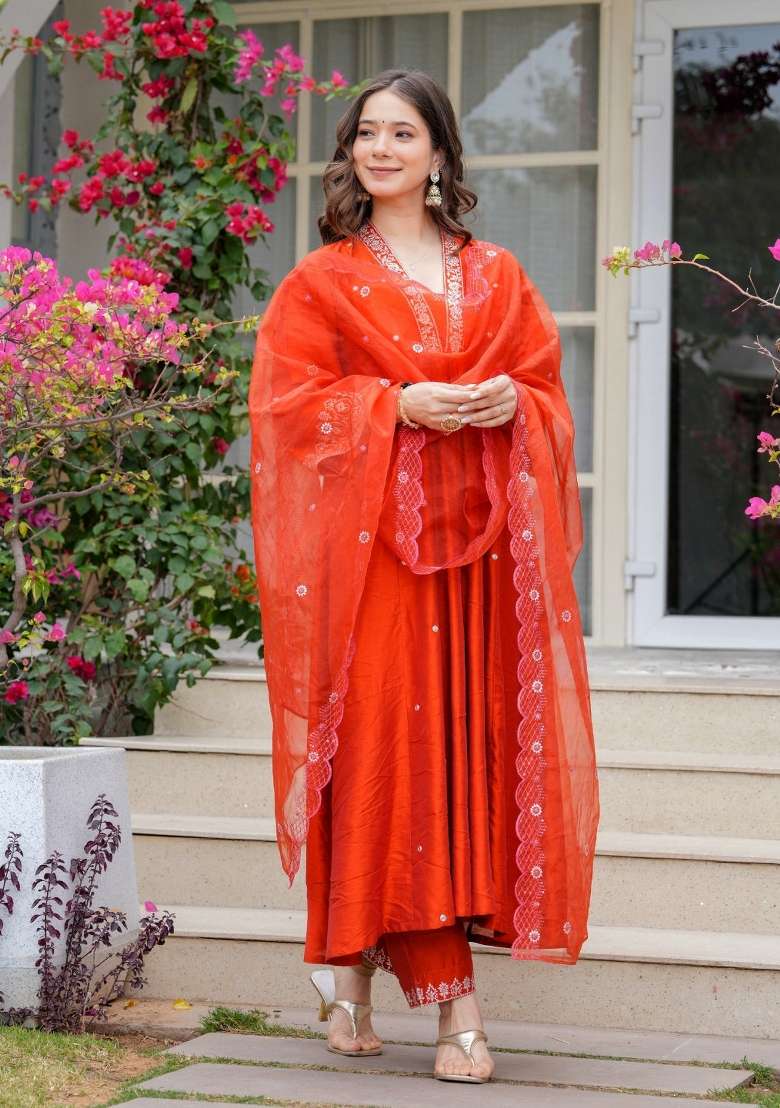 Orange Embroidered Viscose Straight Kurta Set - Indya