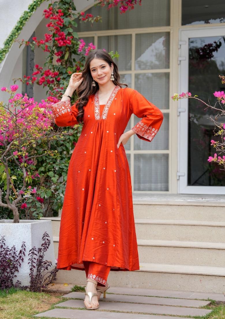 Orange Viscose Embroidered Kurta Set