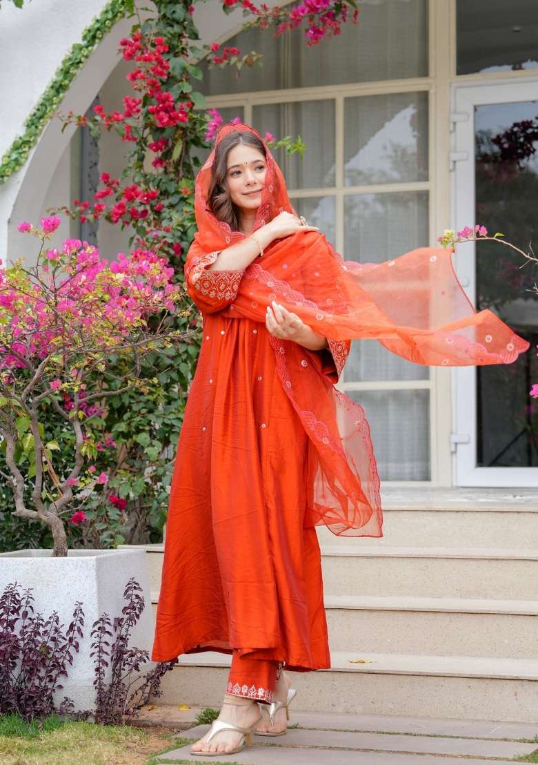 Orange Embroidered Viscose Straight Kurta Set - Indya