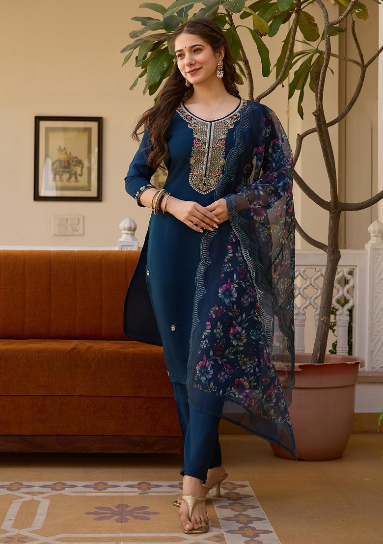 Blue Viscose Embroidered Kurta Set
