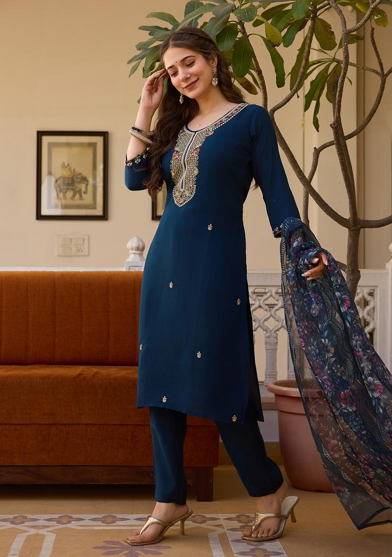 Blue Viscose Embroidered Kurta Set