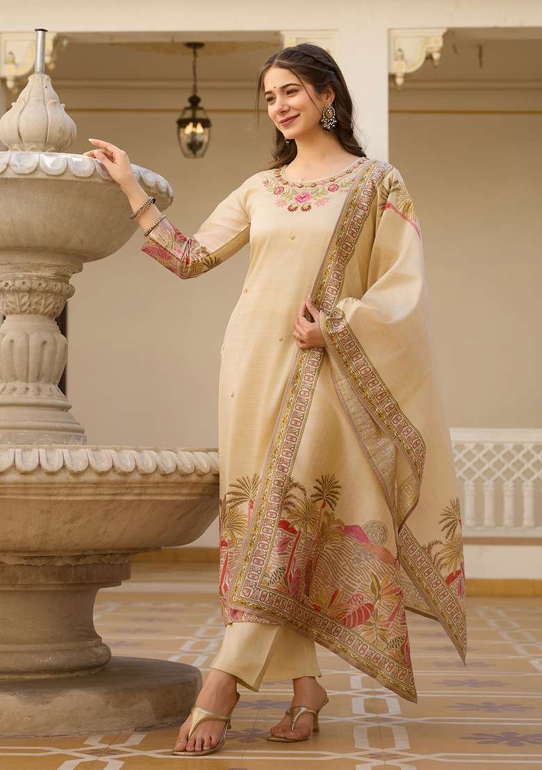 White Embroidered Viscose Straight Kurta Set - Indya