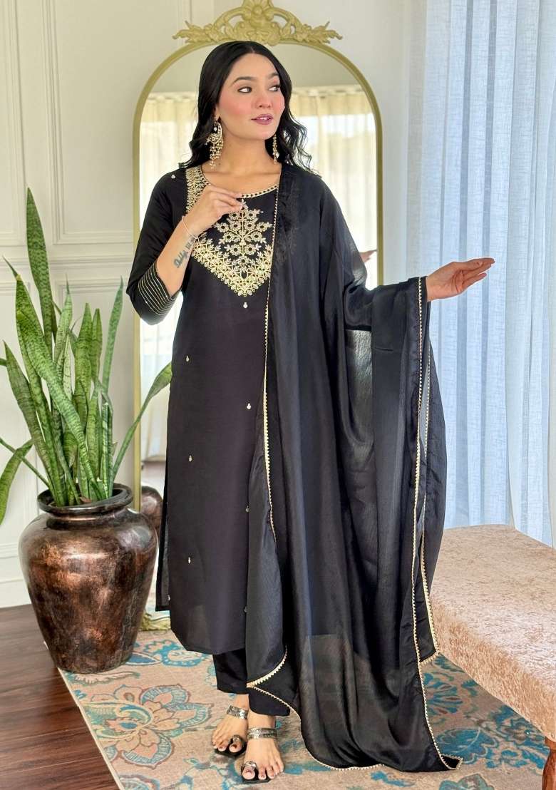 Black Rayon Embroidered Kurta Set - Indya