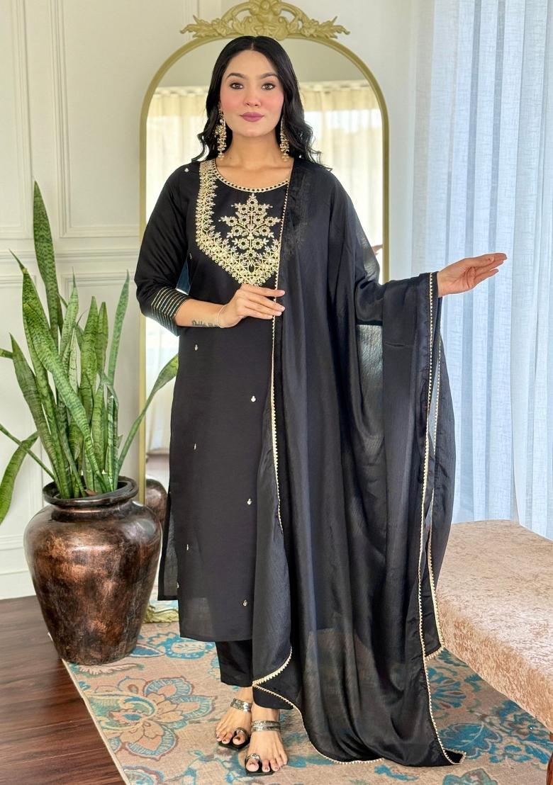 Black Rayon Embroidered Kurta Set