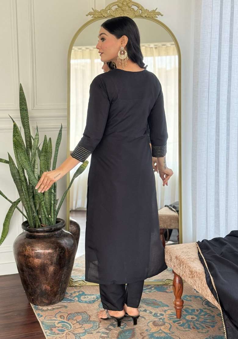 Black Rayon Embroidered Kurta Set - Indya