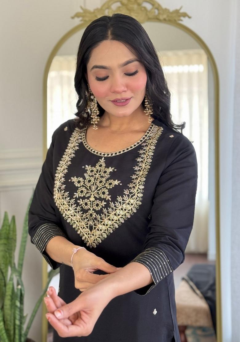 Black Rayon Embroidered Kurta Set