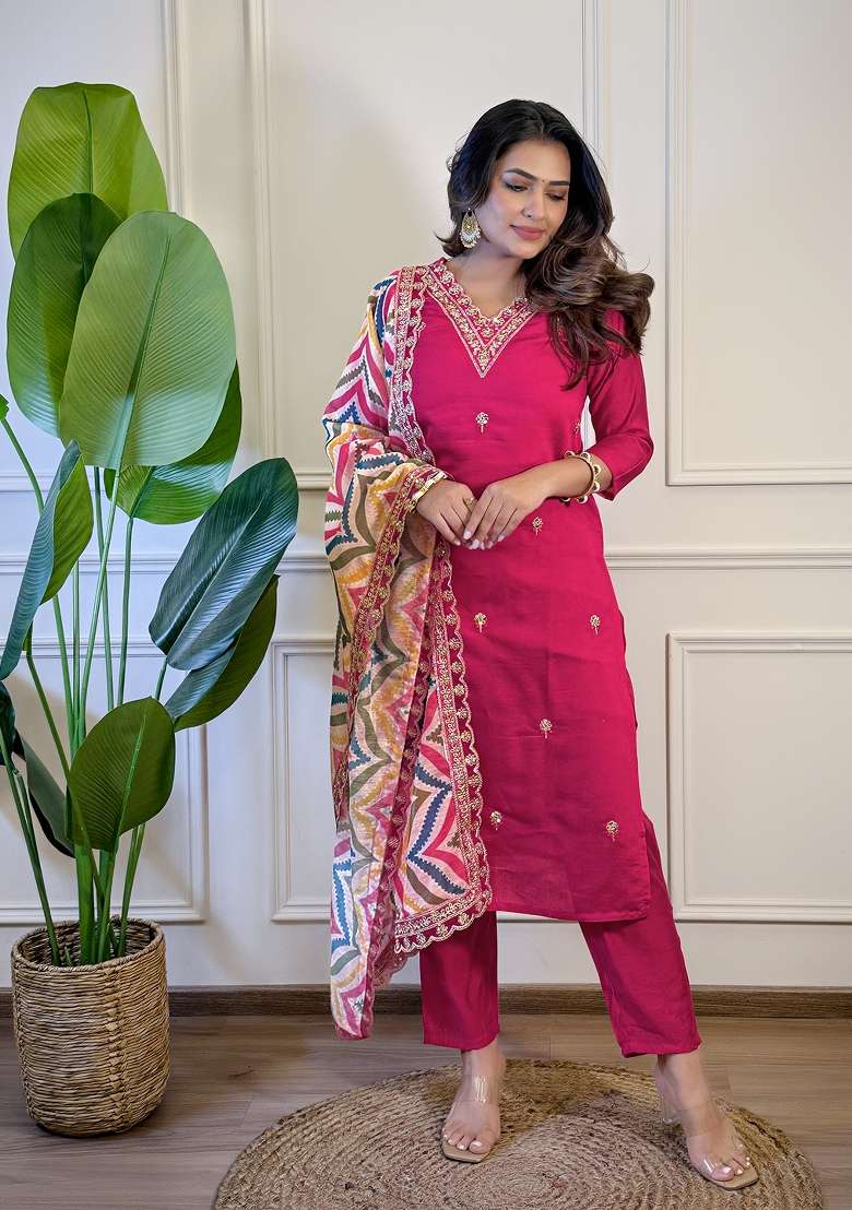 Pink Embroidered Viscose Straight Kurta Set - Indya