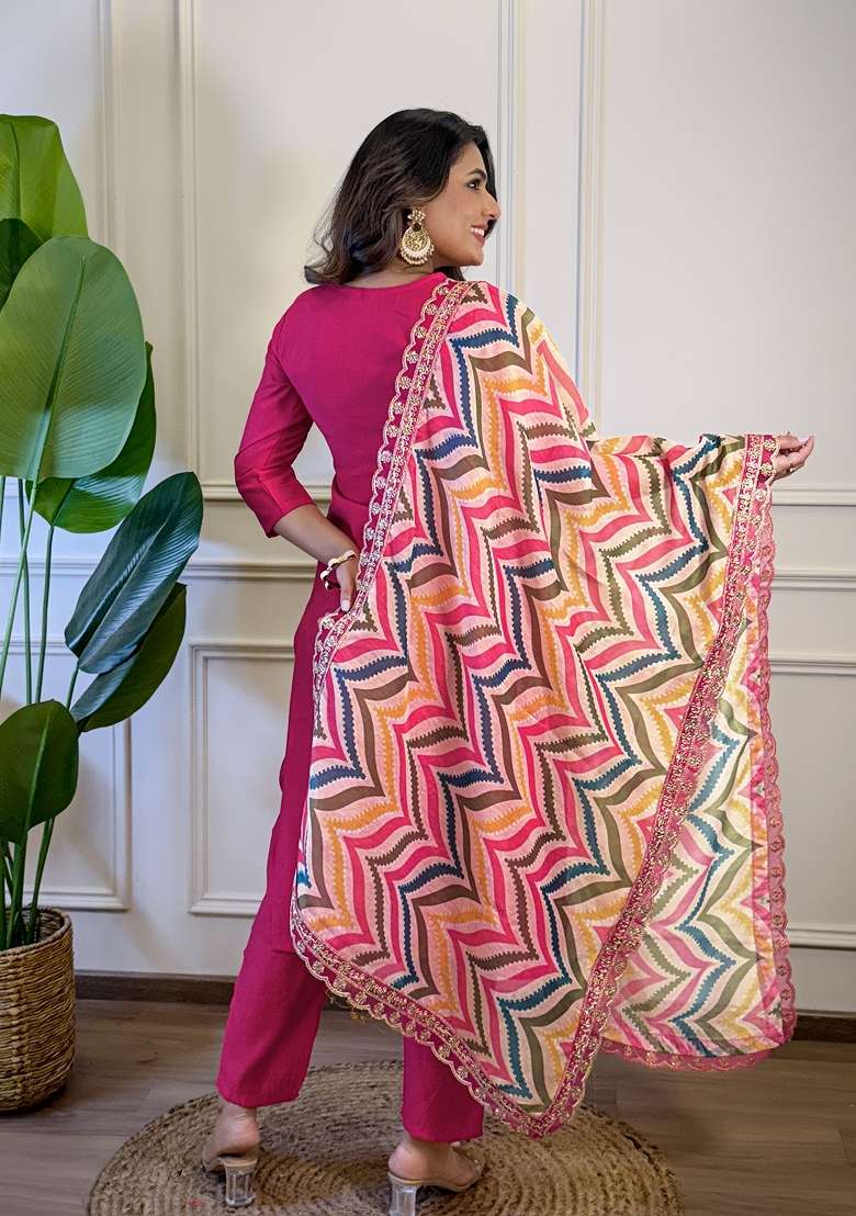 Pink Embroidered Viscose Straight Kurta Set - Indya
