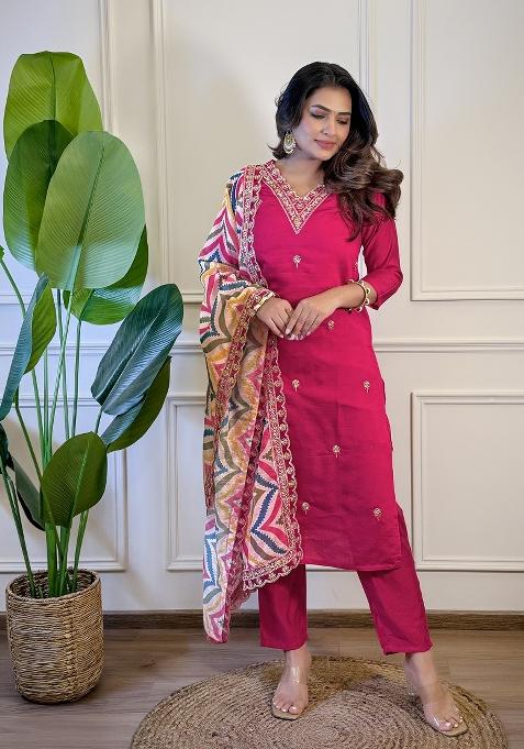Pink Viscose Embroidered Kurta Set