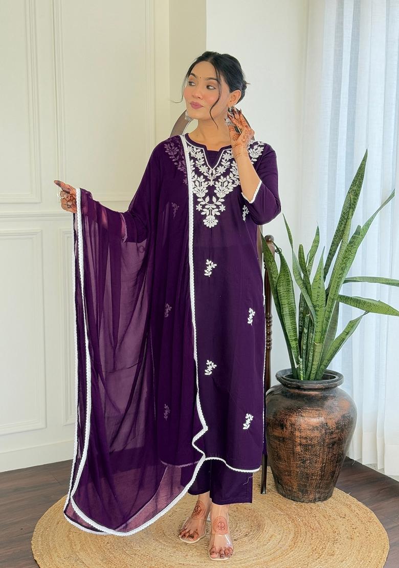 Purple Pure Cotton Chikankari Kurta Set