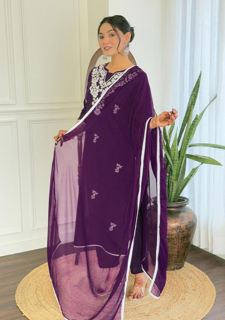 Purple Pure Cotton Chikankari Kurta Set