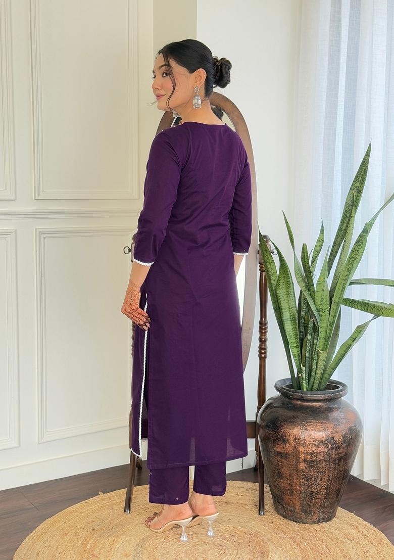 Purple Pure Cotton Chikankari Kurta Set